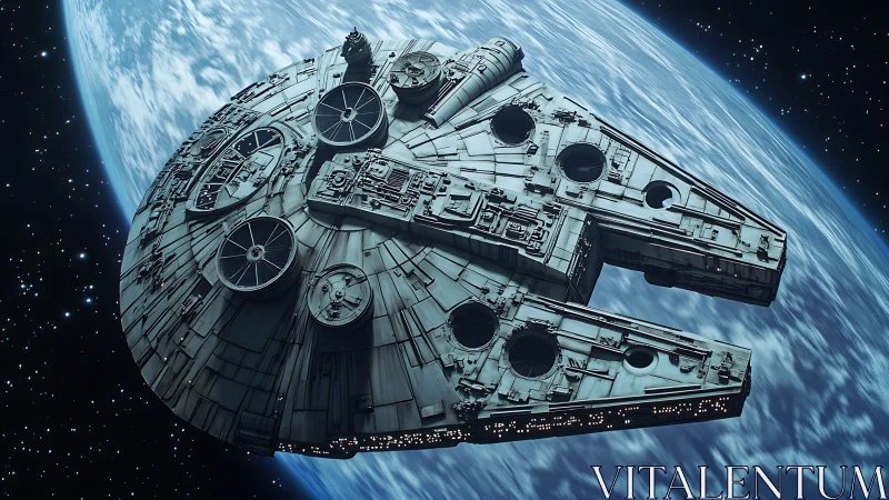 Detailed sci fi spaceship orbiting blue planet in space.