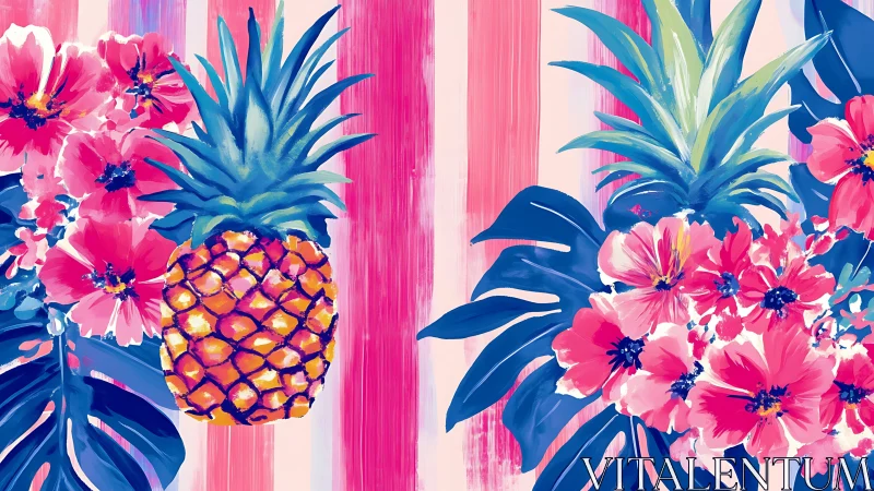 Vibrant tropical pineapple and hibiscus against pink stripes.