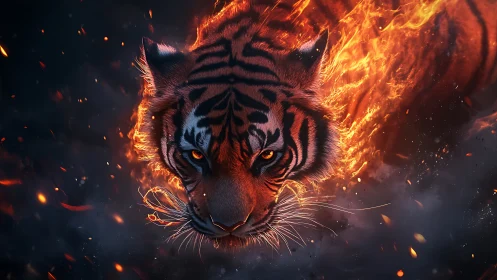Flaming tiger head emerging from dark smoky background.