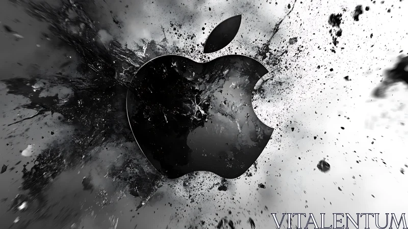 Shattering monochrome tech emblem in a storm of digital dust.