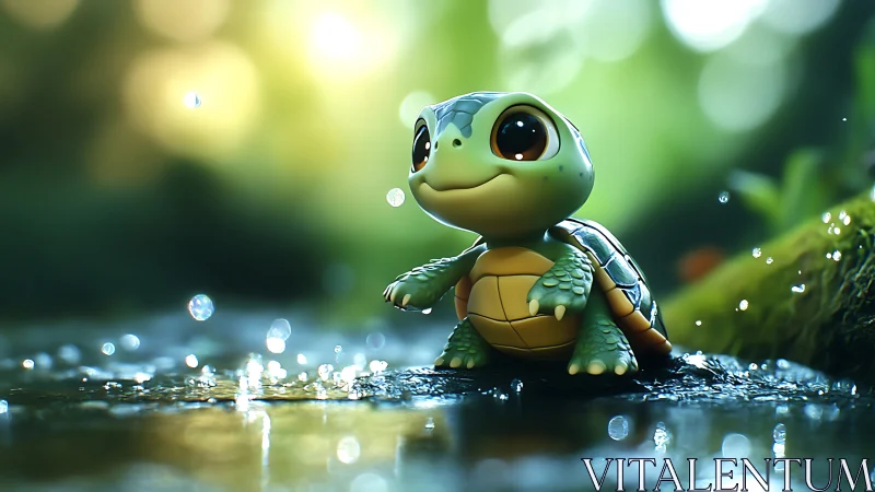 Baby turtle explores a sparkling forest stream at sunrise
