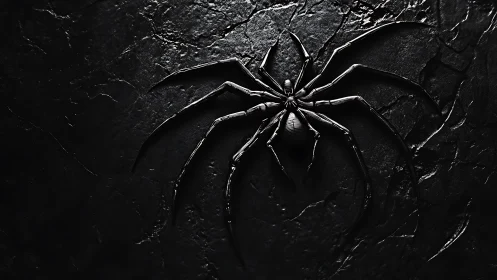 Metallic spider emblem over textured obsidian ground.