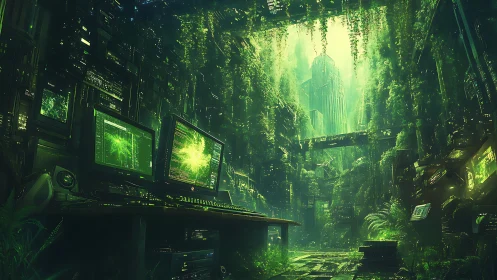 Cyber jungle data core overgrown by luminous green forest.