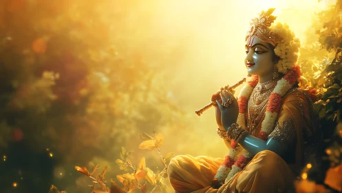Golden forest glow around serene flute-playing figure.