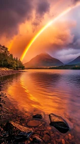 Spectral arc over volcanic lake under incandescent storm sky.