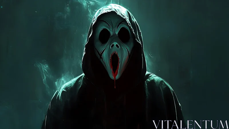 Hooded figure with distorted mask in dark teal environment.