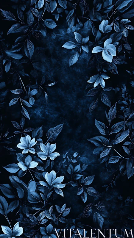 Monochromatic Blue Floral Composition with Dark Background.