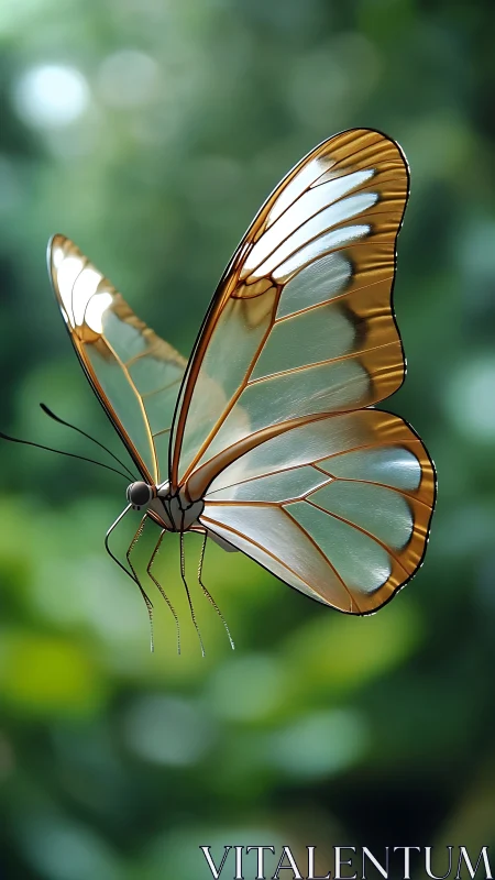 Transparent-wing butterfly in soft green forest light.