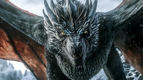 Close frontal view of detailed black dragon in flight.