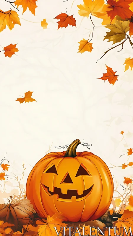 Jack-o-lantern pumpkin in autumn foliage illustration.