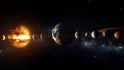 Solar system planetary lineup with illuminated galactic backdrop