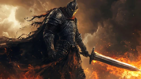 Armored dark knight stands amid flames in dramatic chiaroscuro