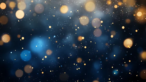 Golden bokeh lights on dark blue blurred abstract background.