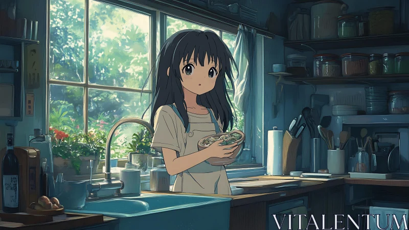 Quiet kitchen sunlight with a shy girl stirring lunch.