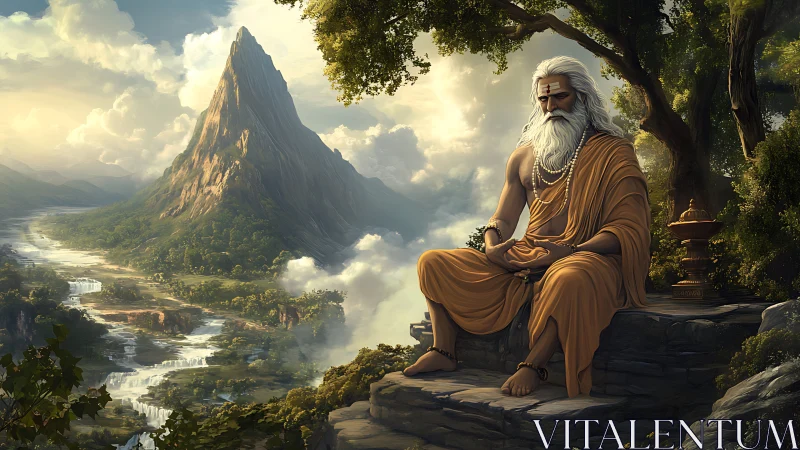 Mountain sage in golden meditation above celestial river valley.