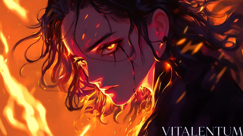 Fiery anime portrait with molten glow and burning gaze.