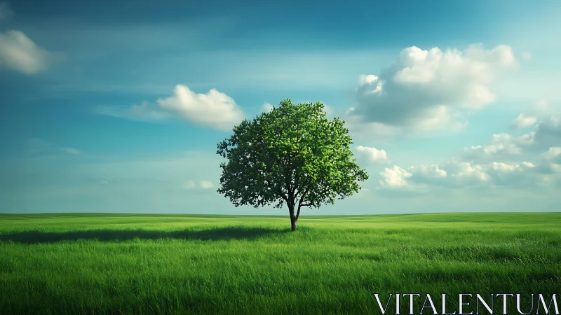 Lone green tree in sunlit meadow, peaceful natural landscape style.