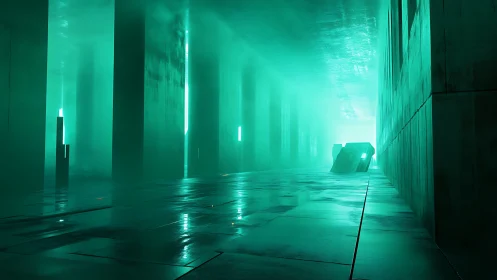 Futuristic teal corridor with pillars and glowing monoliths.