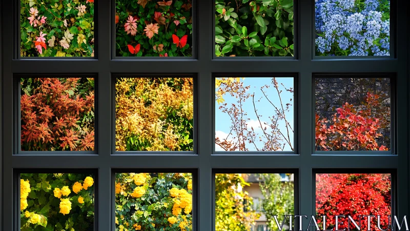 Seasonal garden collage framed in geometric window grid.
