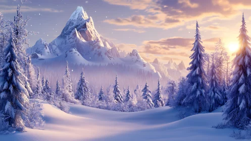 Snow-covered conifer forest lies below distant alpine peaks