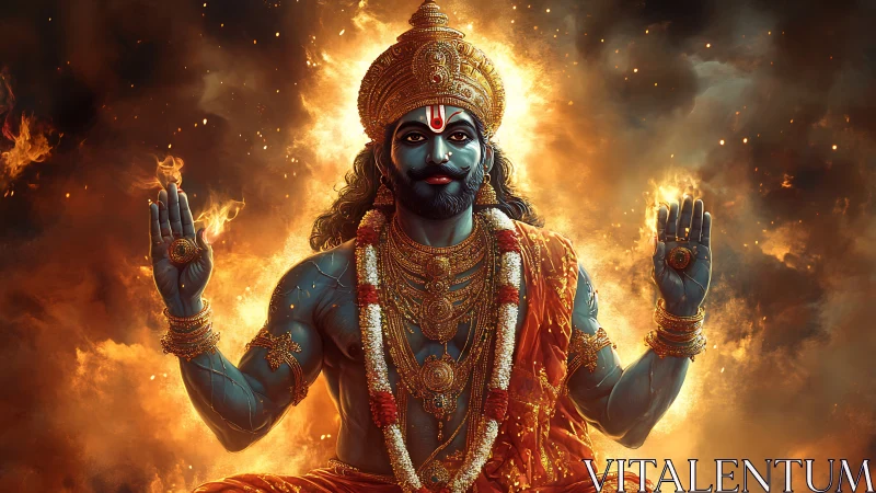 Fiery blue deity in ornate gold regalia, blessing amid flames.