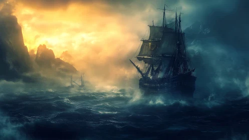 Storm-tossed galleon cuts through burning dawn fog.