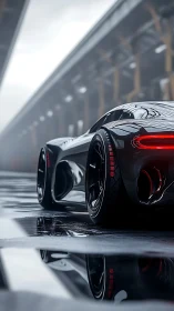 Sleek black concept car is parked on wet reflective pavement