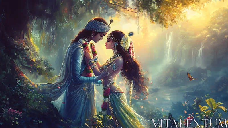 Two figures in ornate ceremonial garments meet within luminous forest setting.