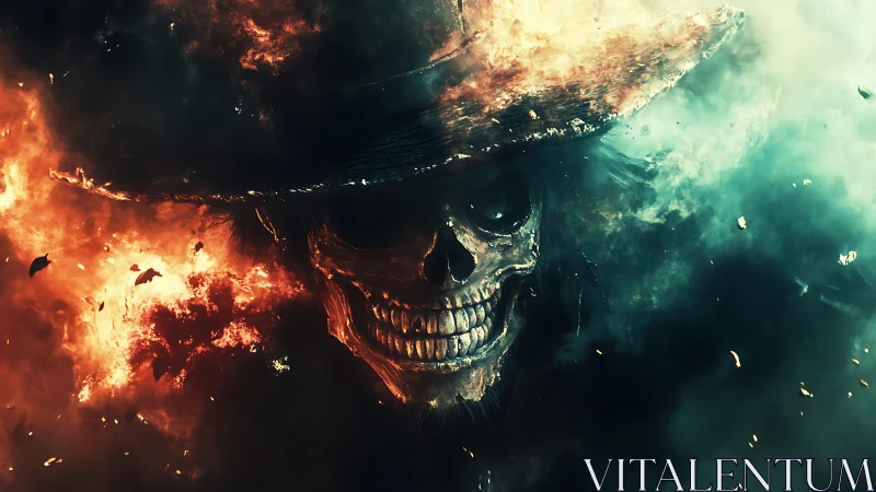 Fiery skull cowboy strides through swirling smoke and sparks