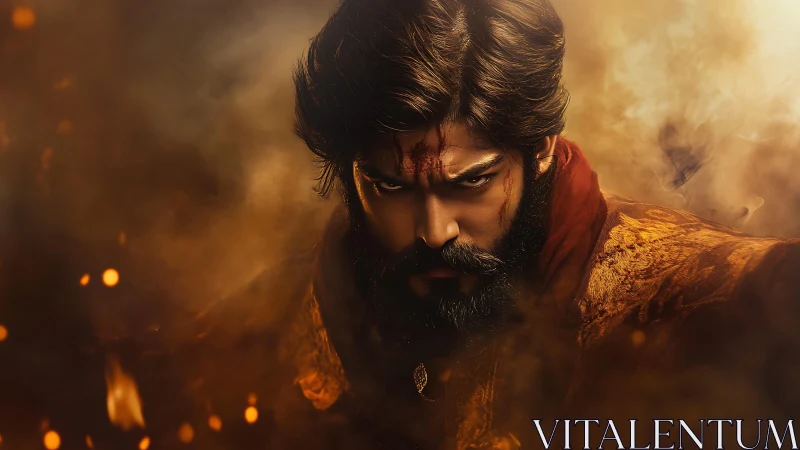 Fierce warrior emerges through swirling embers and smoke