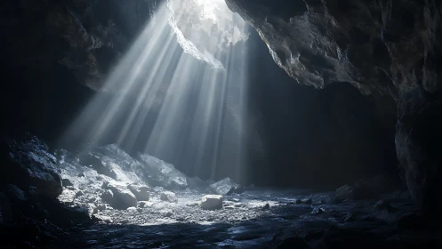 Sunlight enters rocky cave chamber through roof opening