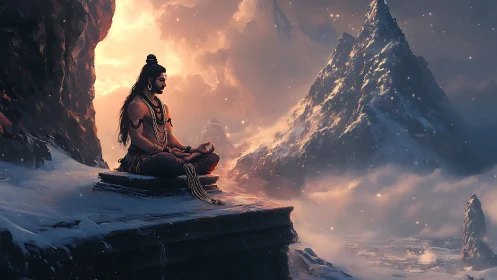 Meditating ascetic seated on snowy mountain ledge at dusk.