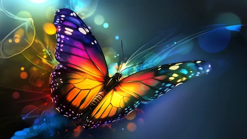 Rainbow winged butterfly drifting through glowing night.