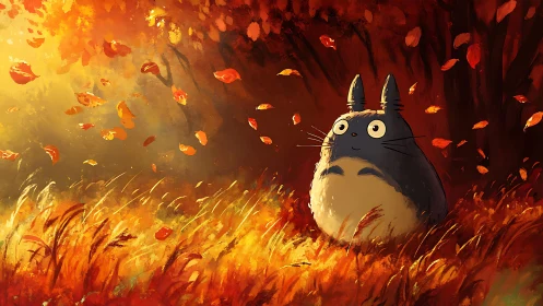 Autumnal forest field with rotund stylized creature observing leaves.