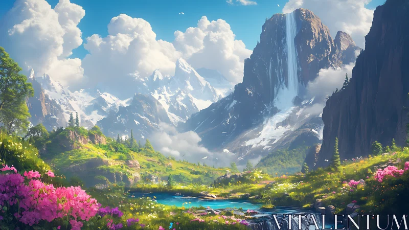 Luminous alpine valley panorama with cascading waterfall focus.