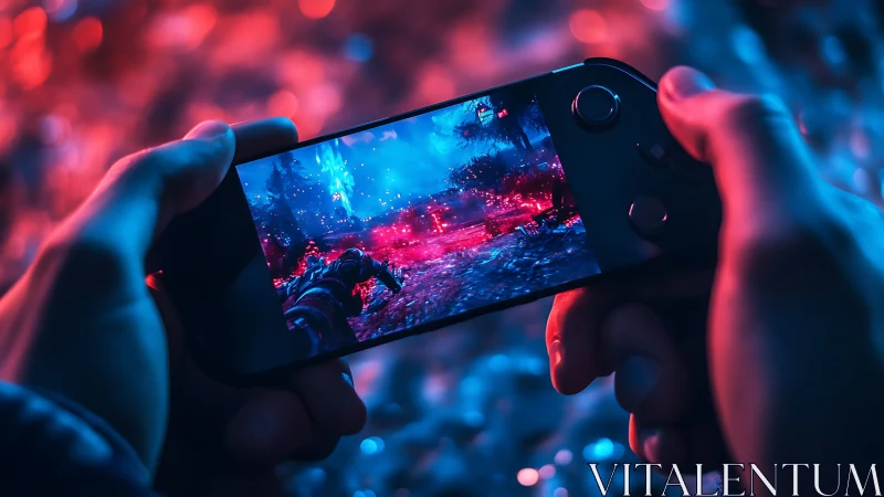 Handheld Gaming Device Displaying Luminescent Cyberpunk Landscape Environment.