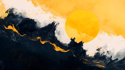 Large yellow sun over abstract dark waves in motion