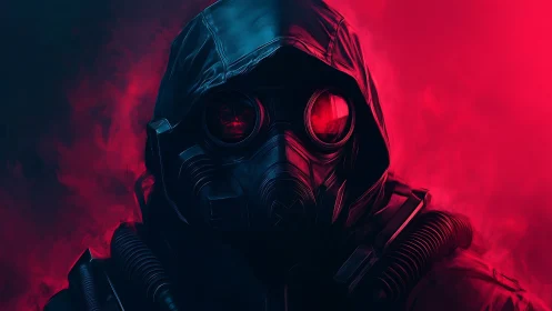 Cyberpunk gas mask portrait in neon red atmospheric haze.