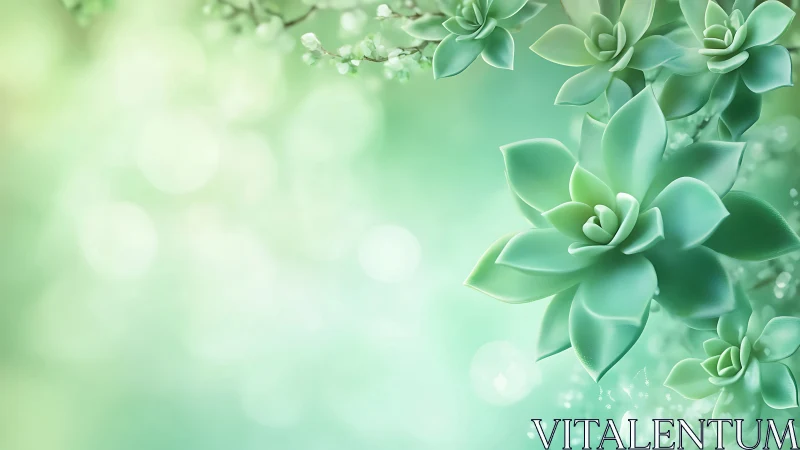 Mint green succulents over soft bokeh garden background.