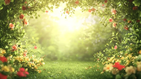 Sunlit garden arch frames glowing verdant meadow path.