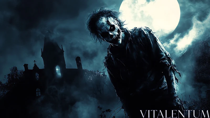 Decayed humanoid figure before moonlit derelict house.