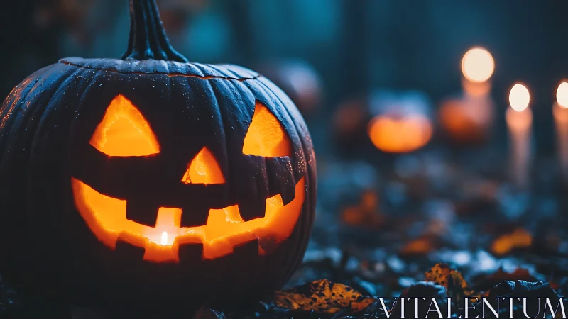 Glowing jack o lantern outdoors on a dark Halloween night.