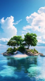 Tropical Island with Twin Trees Under Cumulus Cloud Formation