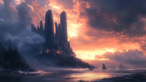 Storm-kissed fantasy towers glow softly in a fiery sunset sky