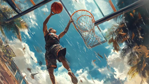 Basketball player executes upward layup toward outdoor hoop