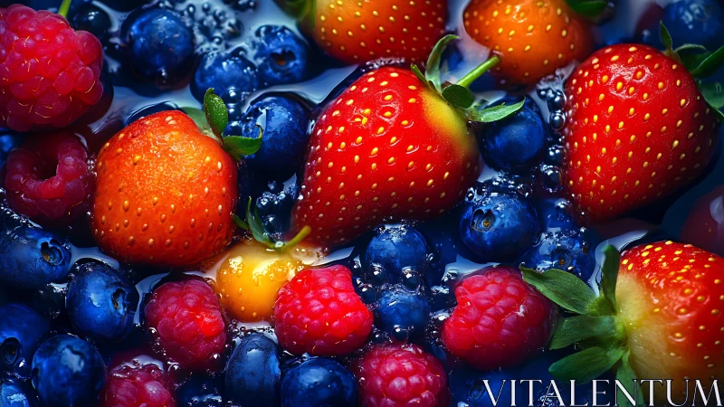 Vibrant mixed berries glisten in water with rich freshness