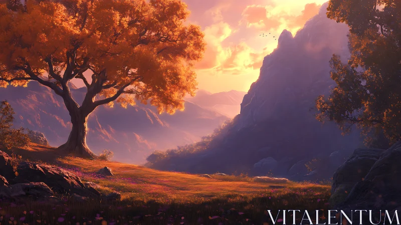 Golden dreamtree guarding a quiet violet mountain hollow.