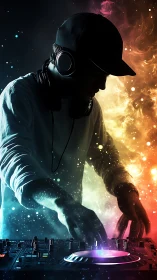 Silhouetted DJ mixing tracks amid vivid dual color clouds.