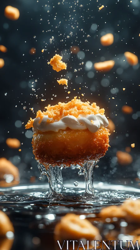 High-speed dessert splash with suspended crumbs in macro focus.