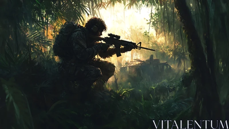 Camouflaged soldier aiming rifle in dense jungle light.